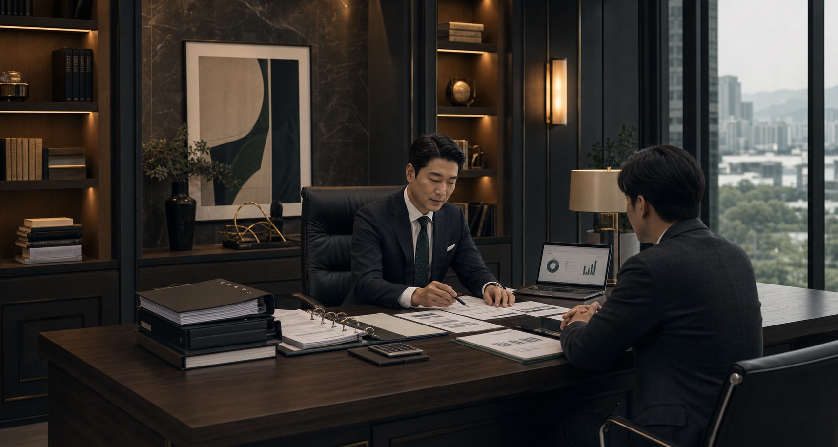 고액 자산 세무 상담을 위한 비공개 회의 장면