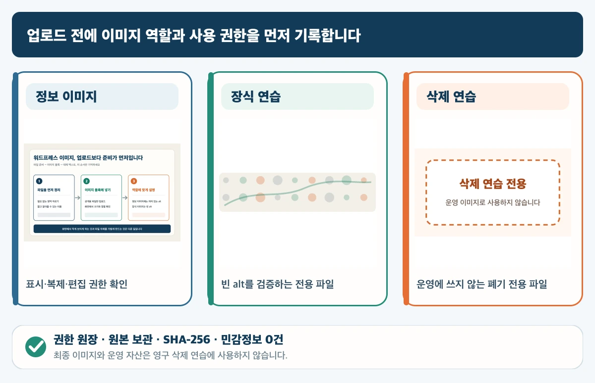 정보용·장식용·삭제 연습용 이미지를 나누고 출처와 사용 범위, 민감정보, 원본과 공개용 파일을 기록한 점검표