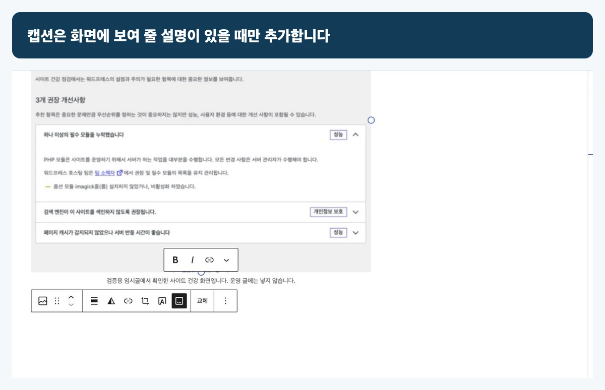 워드프레스 이미지 아래 캡션 입력란에 검증 화면의 용도와 운영 글에는 넣지 않는다는 설명을 적은 화면