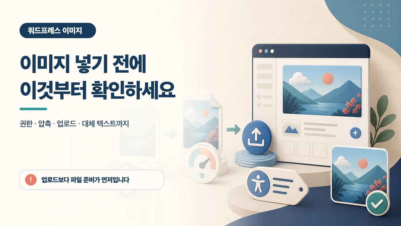 사용 권한이 있는 이미지를 압축해 올리고, 내용 이미지와 장식 이미지에 맞게 대체 텍스트를 설정하는 방법을 설명합니다.