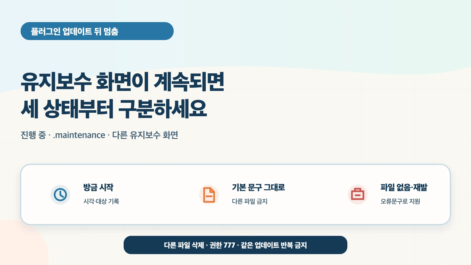 플러그인 업데이트 직후 진행 중 작업·core .maintenance 파일·별도 유지보수 화면을 구분하고, 가장 작은 가역적 복구 뒤 플러그인 버전과 핵심 기능을 확인한다.