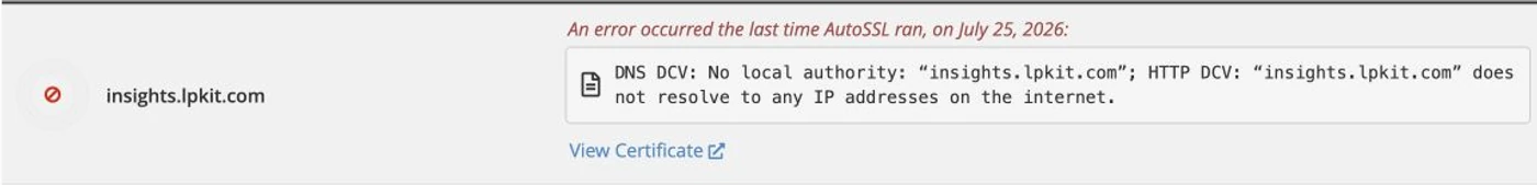 insights.lpkit.com이 IP로 해석되지 않아 AutoSSL 검증에 실패한 화면