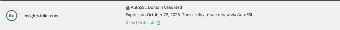 insights.lpkit.com의 AutoSSL Domain Validated 성공 상태
