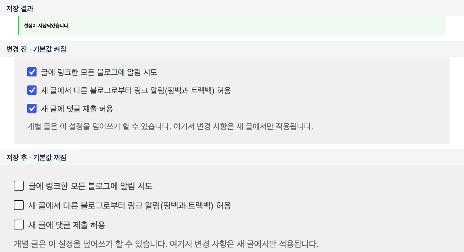 워드프레스 토론 설정에서 새 글 댓글과 핑백 및 외부 알림 기본값을 끈 전후 화면